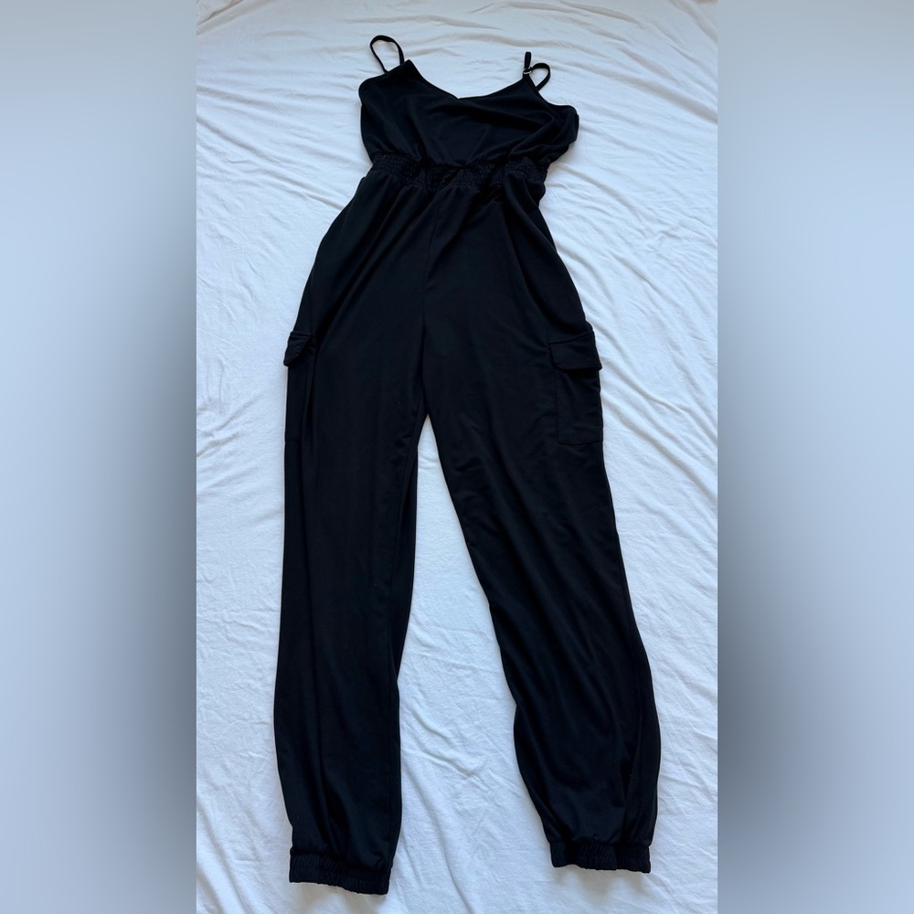 Lily Rose Black Cargo Pocket Jumpsuit Jogger Leg Adjustable Straps Large